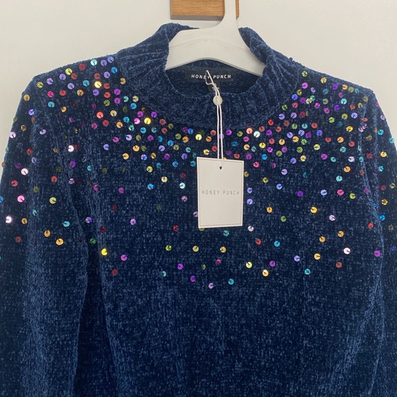 Honey Punch Navy Blue Embroidered Turtleneck Sweater - Picture 2 of 8